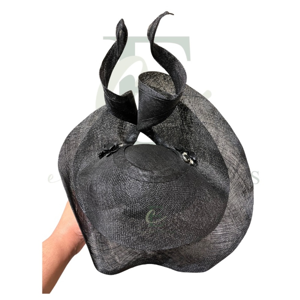 Black Sinamay Couture Fascinator Hat w/Lap Handkerchief